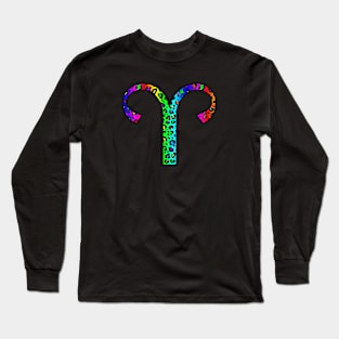 Aries Zodiac Horoscope Symbol in Dark Rainbow Leopard Print Long Sleeve T-Shirt